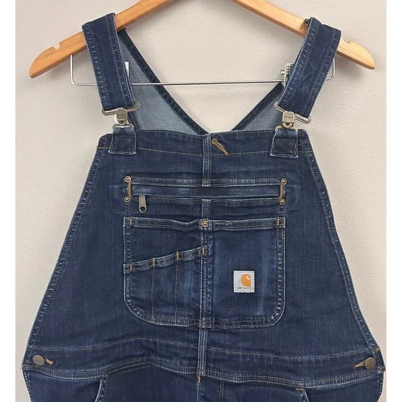 Carhartt Bib Overalls Womens 12/14 Short Dark Wash Denim Rugged Flex Double Knee - Picture 3 of 11